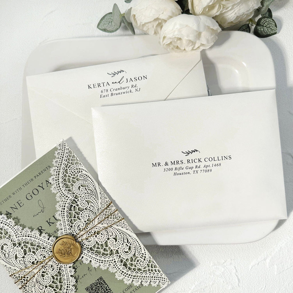Sage Green and Ivory Lace Wedding Invitations, Elegant Lace Laser Cut Wraps, QR Code Invites, Gold Wax Seal Wedding Ceremony Supplies Picky Bride 
