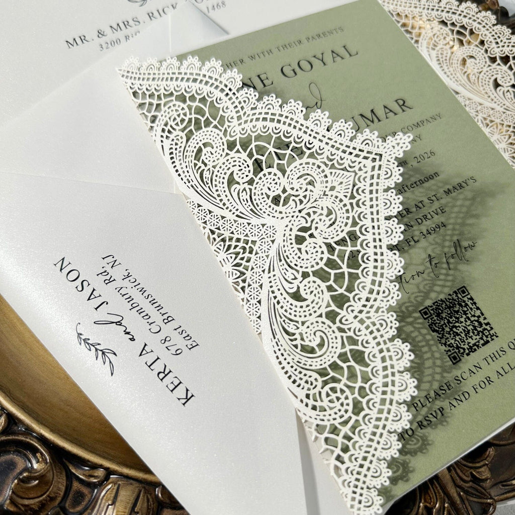 Sage Green and Ivory Lace Wedding Invitations, Elegant Lace Laser Cut Wraps, QR Code Invites, Gold Wax Seal Wedding Ceremony Supplies Picky Bride 