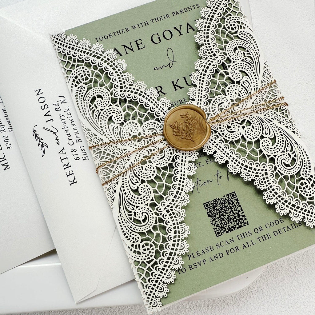 Sage Green and Ivory Lace Wedding Invitations, Elegant Lace Laser Cut Wraps, QR Code Invites, Gold Wax Seal Wedding Ceremony Supplies Picky Bride 