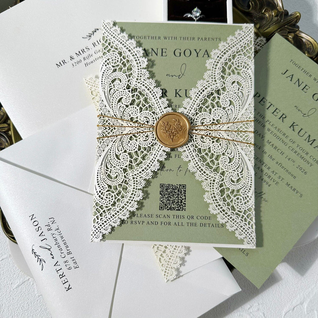 Sage Green and Ivory Lace Wedding Invitations, Elegant Lace Laser Cut Wraps, QR Code Invites, Gold Wax Seal Wedding Ceremony Supplies Picky Bride 