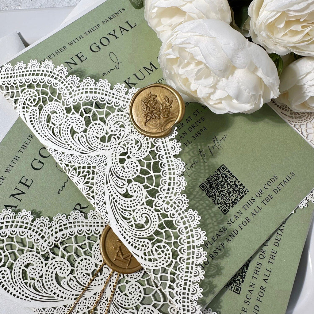 Sage Green and Ivory Lace Wedding Invitations, Elegant Lace Laser Cut Wraps, QR Code Invites, Gold Wax Seal Wedding Ceremony Supplies Picky Bride 