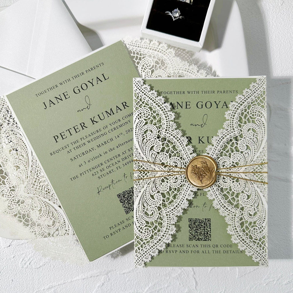 Sage Green and Ivory Lace Wedding Invitations, Elegant Lace Laser Cut Wraps, QR Code Invites, Gold Wax Seal Wedding Ceremony Supplies Picky Bride 