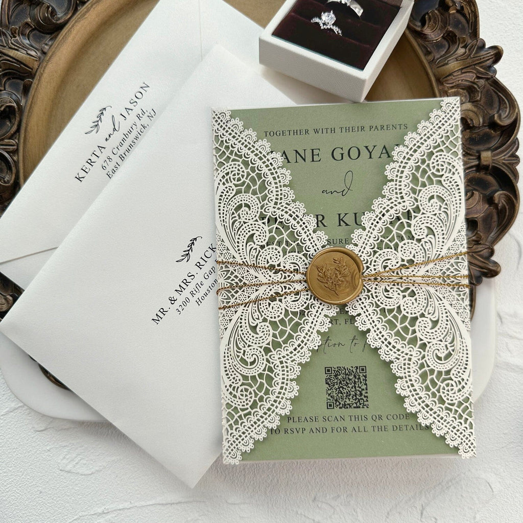 Sage Green and Ivory Lace Wedding Invitations, Elegant Lace Laser Cut Wraps, QR Code Invites, Gold Wax Seal Wedding Ceremony Supplies Picky Bride 
