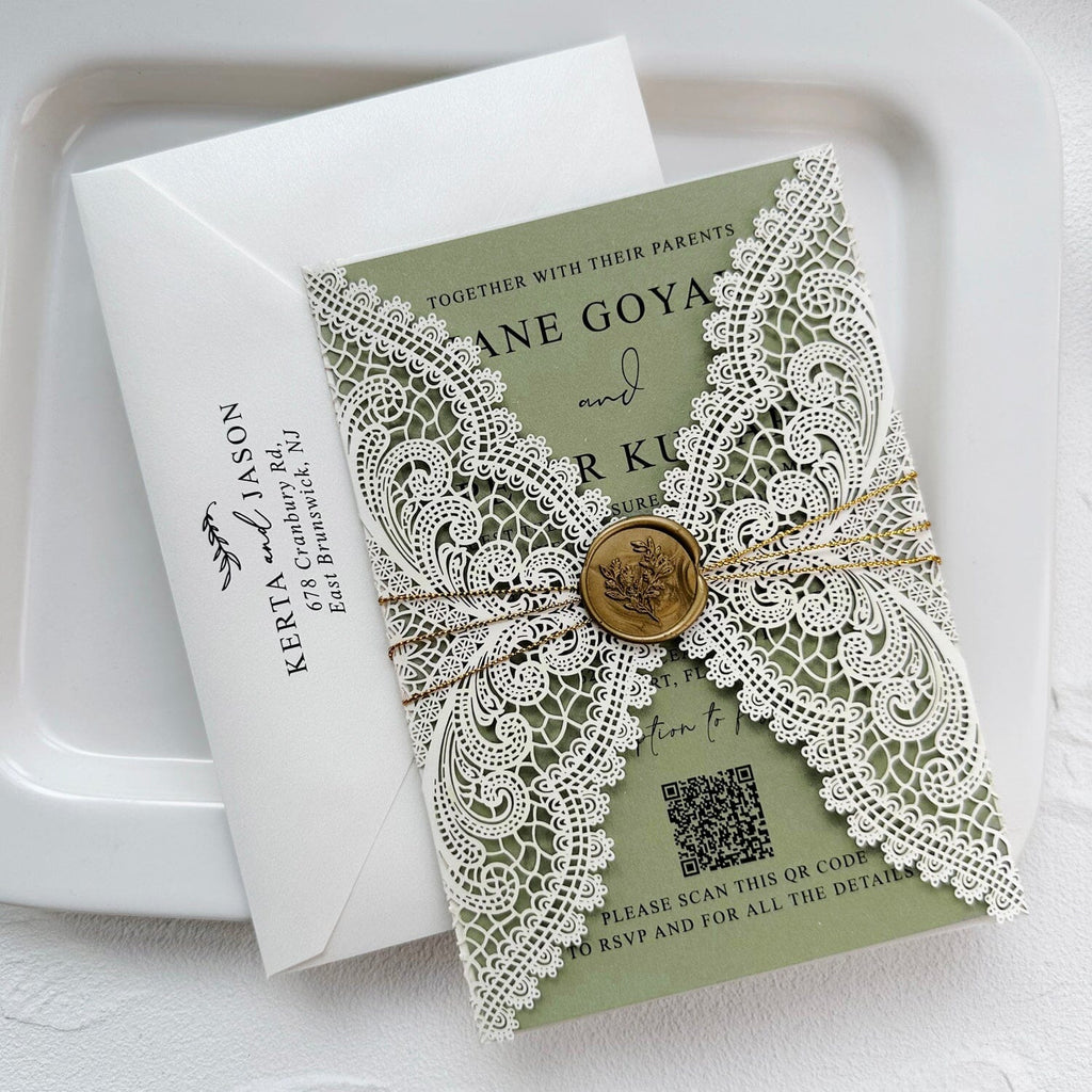 Sage Green and Ivory Lace Wedding Invitations, Elegant Lace Laser Cut Wraps, QR Code Invites, Gold Wax Seal Wedding Ceremony Supplies Picky Bride 