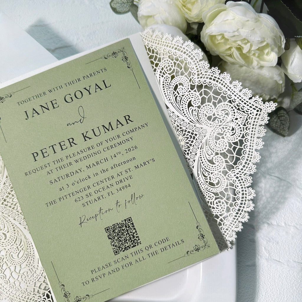 Sage Green and Ivory Lace Wedding Invitations, Laser Cut Covers, Elegant Green Silk Ribbon Bow, QR Code Invites Wedding Ceremony Supplies Picky Bride 