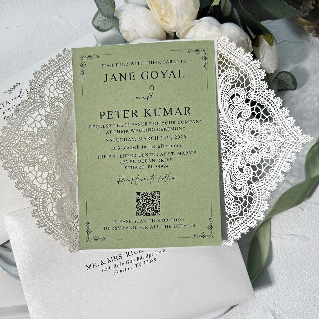 Sage Green and Ivory Lace Wedding Invitations, Laser Cut Covers, Elegant Green Silk Ribbon Bow, QR Code Invites Wedding Ceremony Supplies Picky Bride 