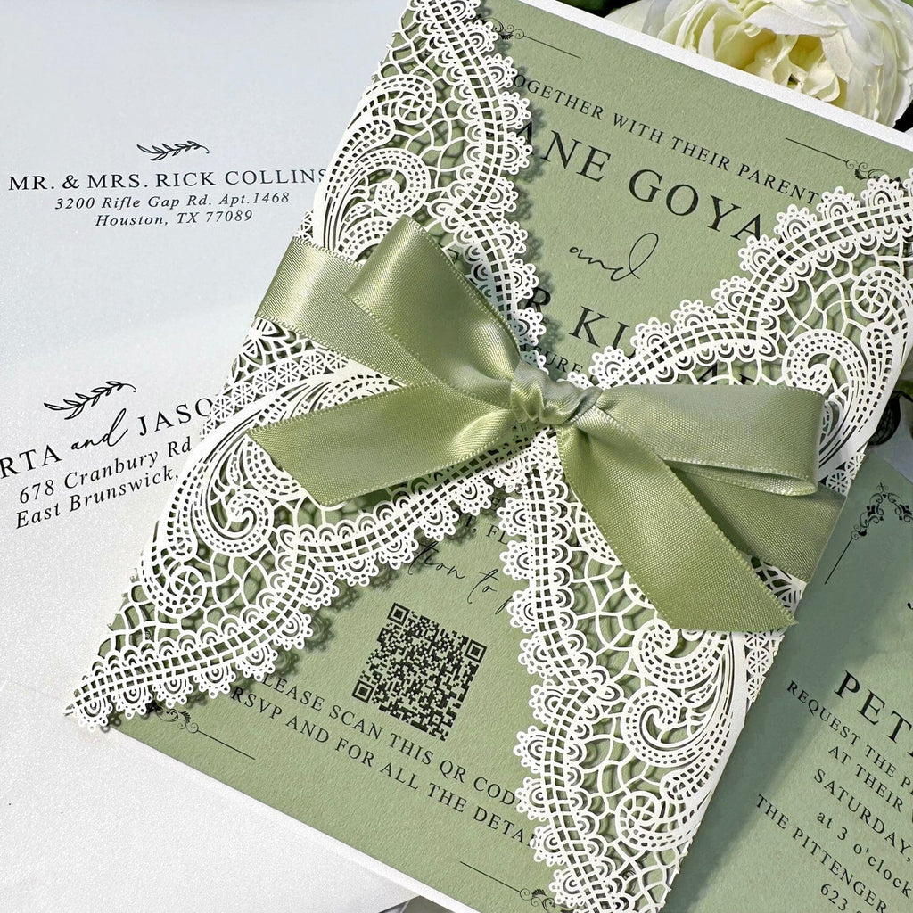 Sage Green and Ivory Lace Wedding Invitations, Laser Cut Covers, Elegant Green Silk Ribbon Bow, QR Code Invites Wedding Ceremony Supplies Picky Bride 