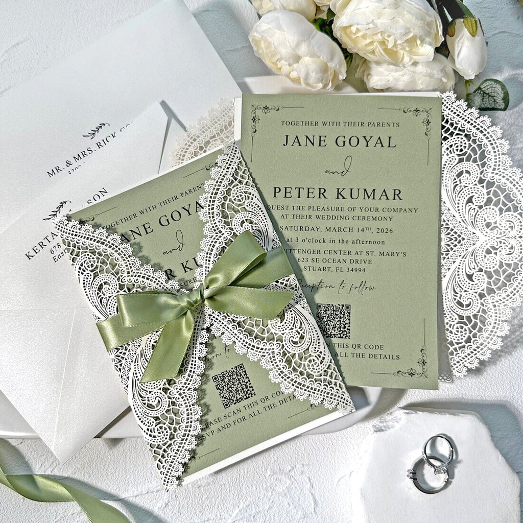 Sage Green and Ivory Lace Wedding Invitations, Laser Cut Covers, Elegant Green Silk Ribbon Bow, QR Code Invites Wedding Ceremony Supplies Picky Bride 