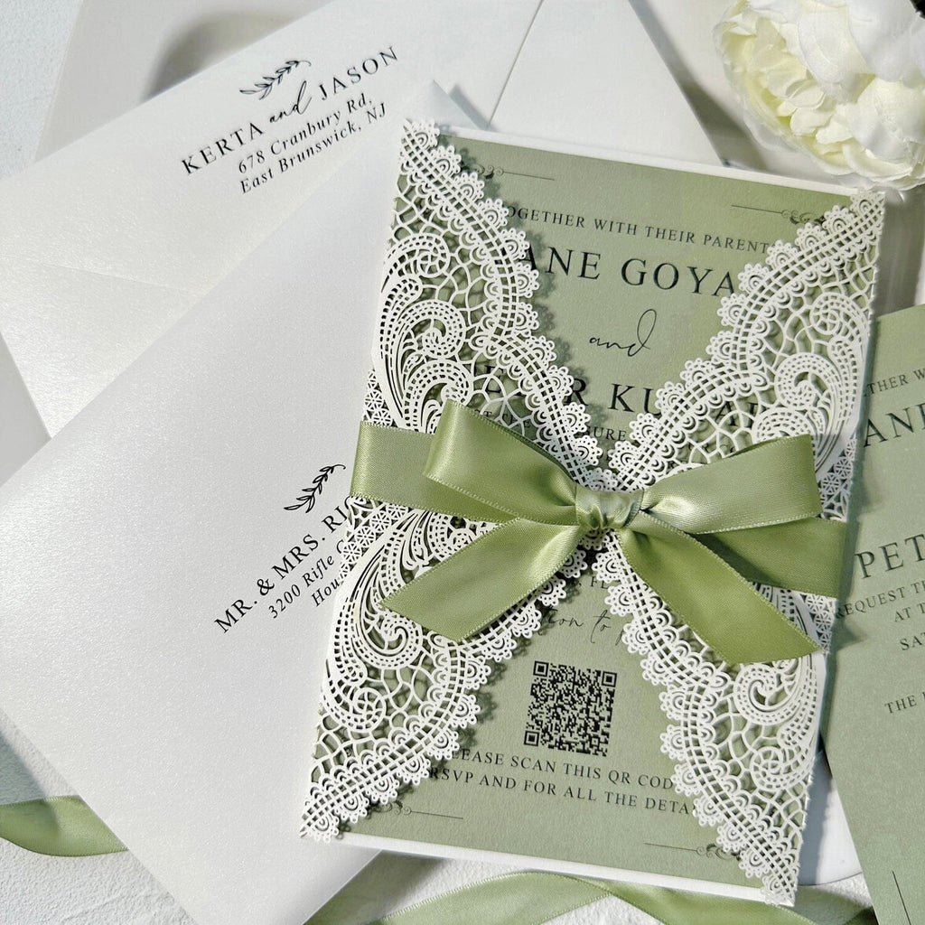 Sage Green and Ivory Lace Wedding Invitations, Laser Cut Covers, Elegant Green Silk Ribbon Bow, QR Code Invites Wedding Ceremony Supplies Picky Bride 