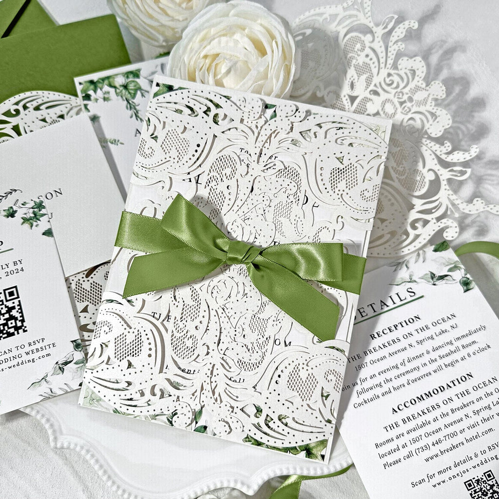 Sage Green and Lace Laser Cut Wedding Invitation Suite, Spring Botanical Frame Invites, Romantic Green Addressing Envelopes, QR Code RSVP Wedding Ceremony Supplies Picky Bride 