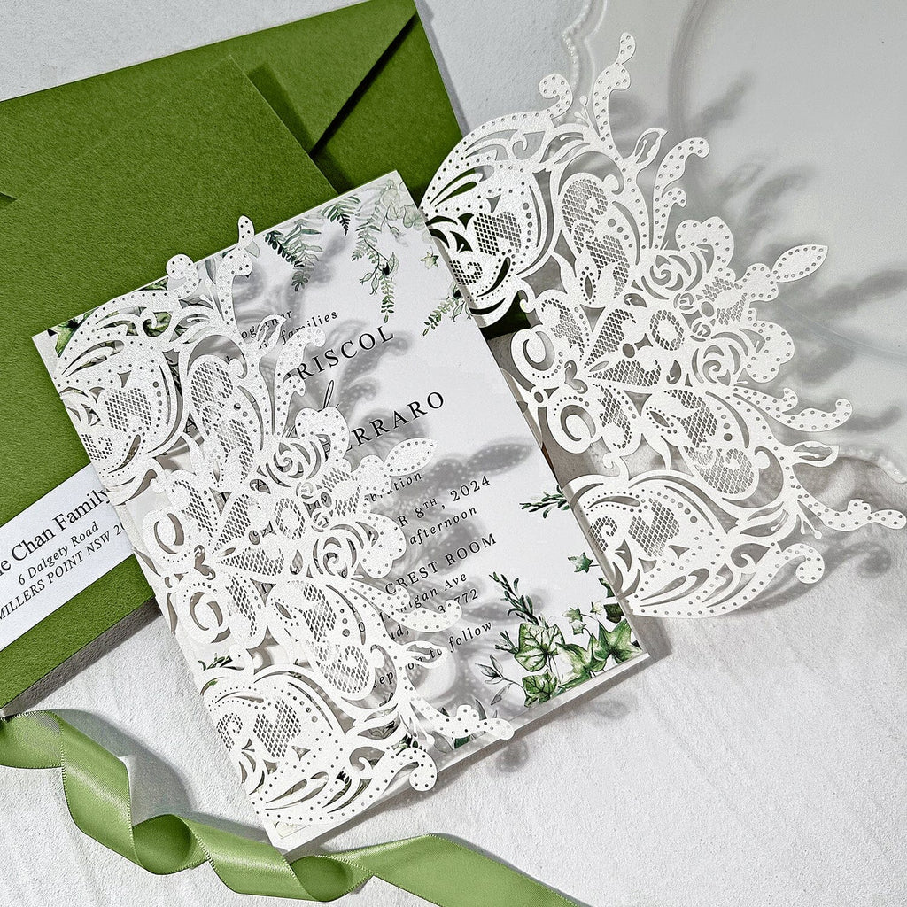 Sage Green and Lace Laser Cut Wedding Invitation Suite, Spring Botanical Frame Invites, Romantic Green Addressing Envelopes, QR Code RSVP Wedding Ceremony Supplies Picky Bride 