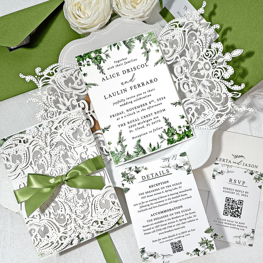 Sage Green and Lace Laser Cut Wedding Invitation Suite, Spring Botanical Frame Invites, Romantic Green Addressing Envelopes, QR Code RSVP Wedding Ceremony Supplies Picky Bride 