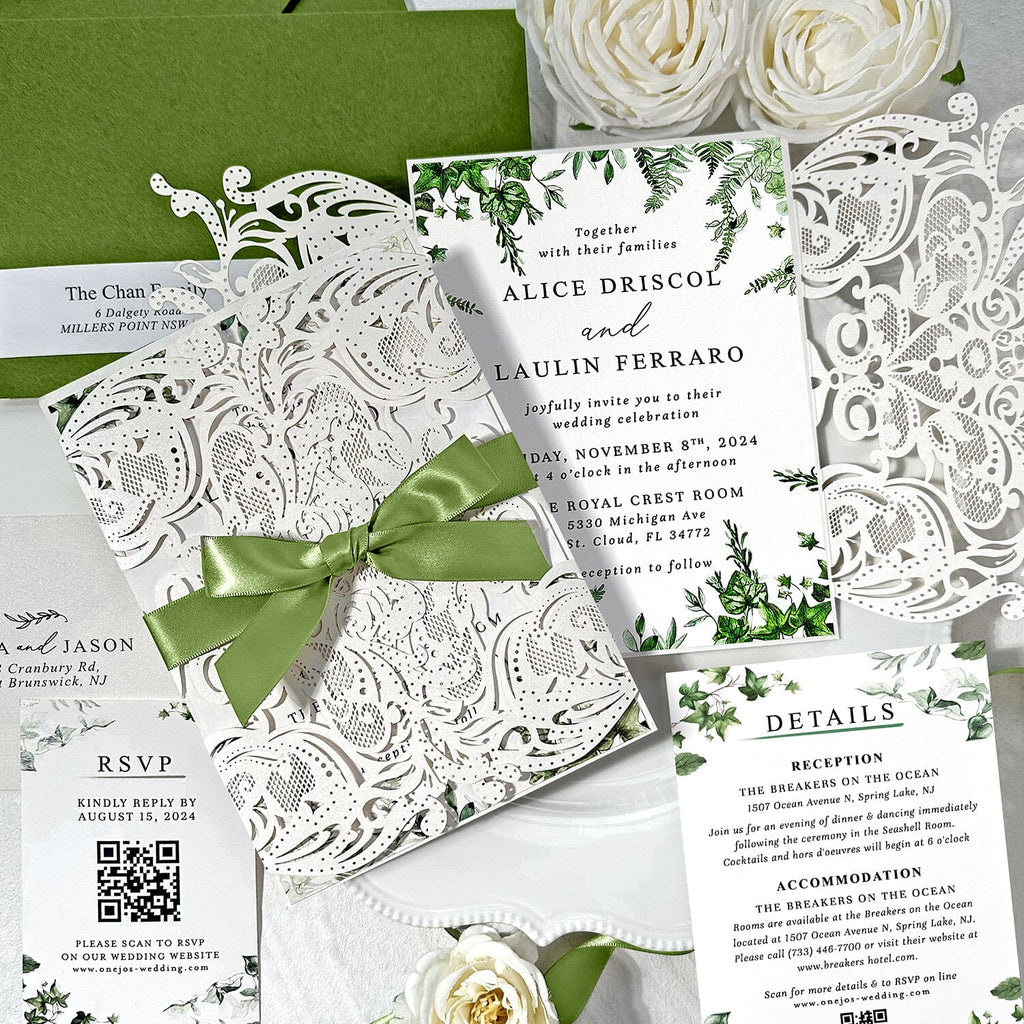 Sage Green and Lace Laser Cut Wedding Invitation Suite, Spring Botanical Frame Invites, Romantic Green Addressing Envelopes, QR Code RSVP Wedding Ceremony Supplies Picky Bride 