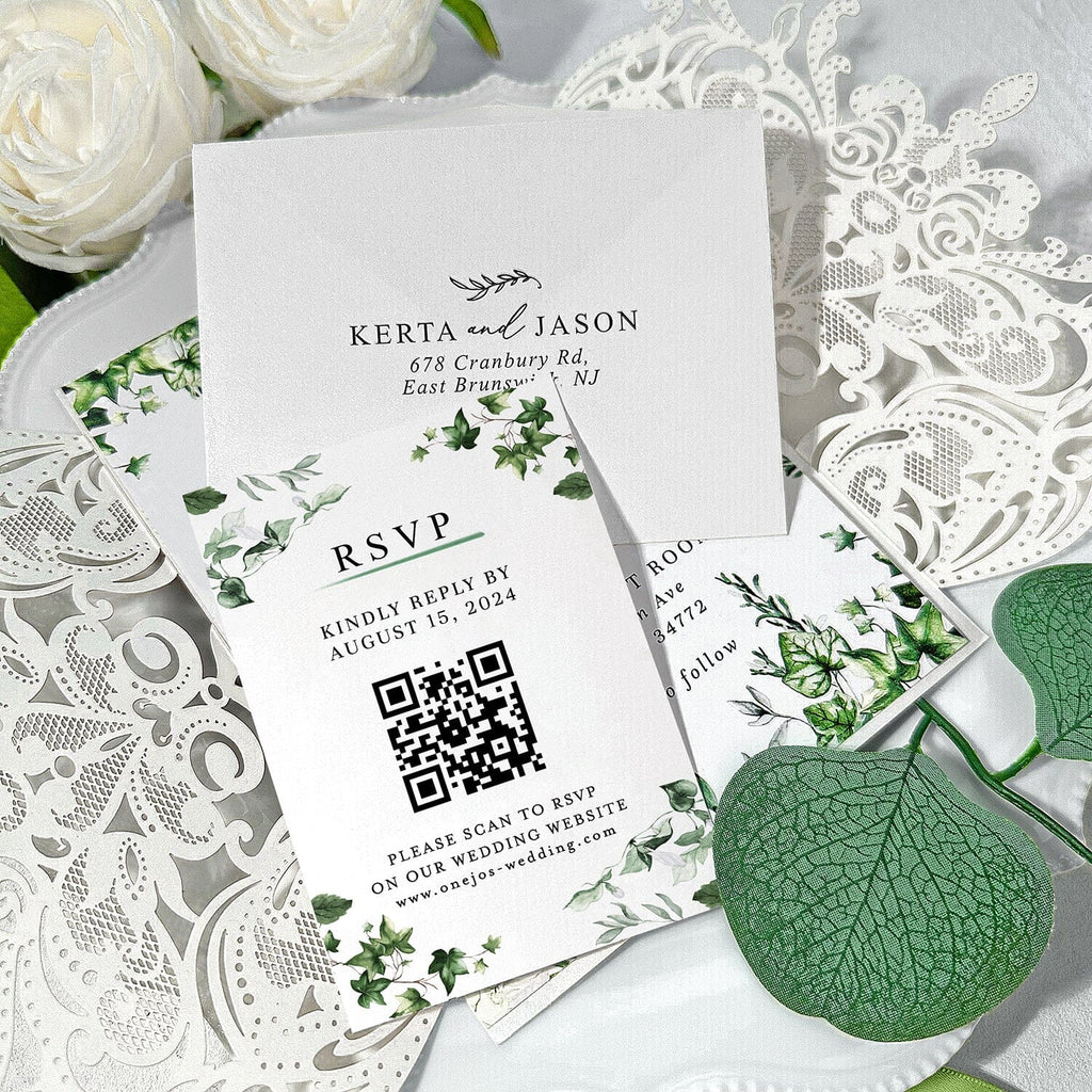 Sage Green and Lace Laser Cut Wedding Invitation Suite, Spring Botanical Frame Invites, Romantic Green Addressing Envelopes, QR Code RSVP Wedding Ceremony Supplies Picky Bride 