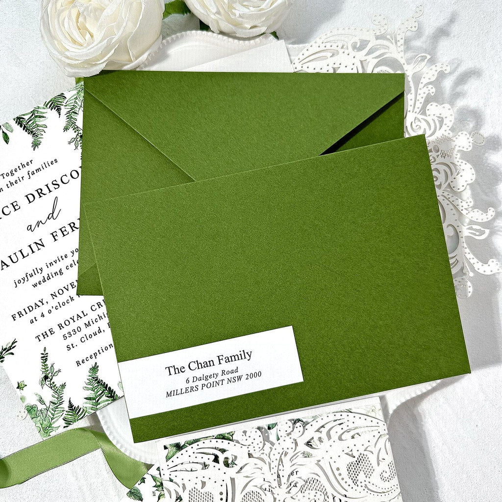Sage Green and Lace Laser Cut Wedding Invitation Suite, Spring Botanical Frame Invites, Romantic Green Addressing Envelopes, QR Code RSVP Wedding Ceremony Supplies Picky Bride 