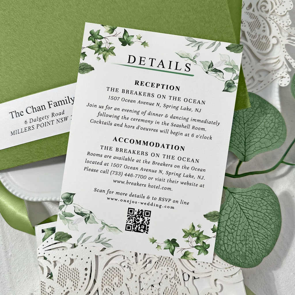 Sage Green and Lace Laser Cut Wedding Invitation Suite, Spring Botanical Frame Invites, Romantic Green Addressing Envelopes, QR Code RSVP Wedding Ceremony Supplies Picky Bride 