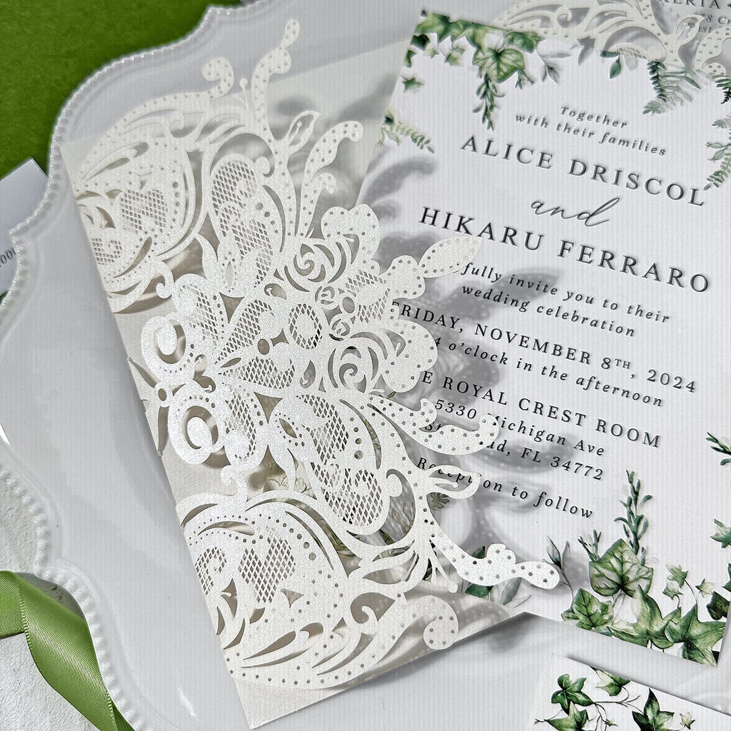 Sage Green and Lace Laser Cut Wedding Invitation Suite, Spring Botanical Frame Invites, Romantic Green Addressing Envelopes, QR Code RSVP Wedding Ceremony Supplies Picky Bride 