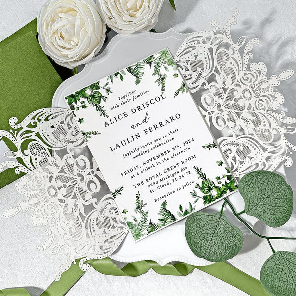 Sage Green and Lace Laser Cut Wedding Invitation Suite, Spring Botanical Frame Invites, Romantic Green Addressing Envelopes, QR Code RSVP Wedding Ceremony Supplies Picky Bride 