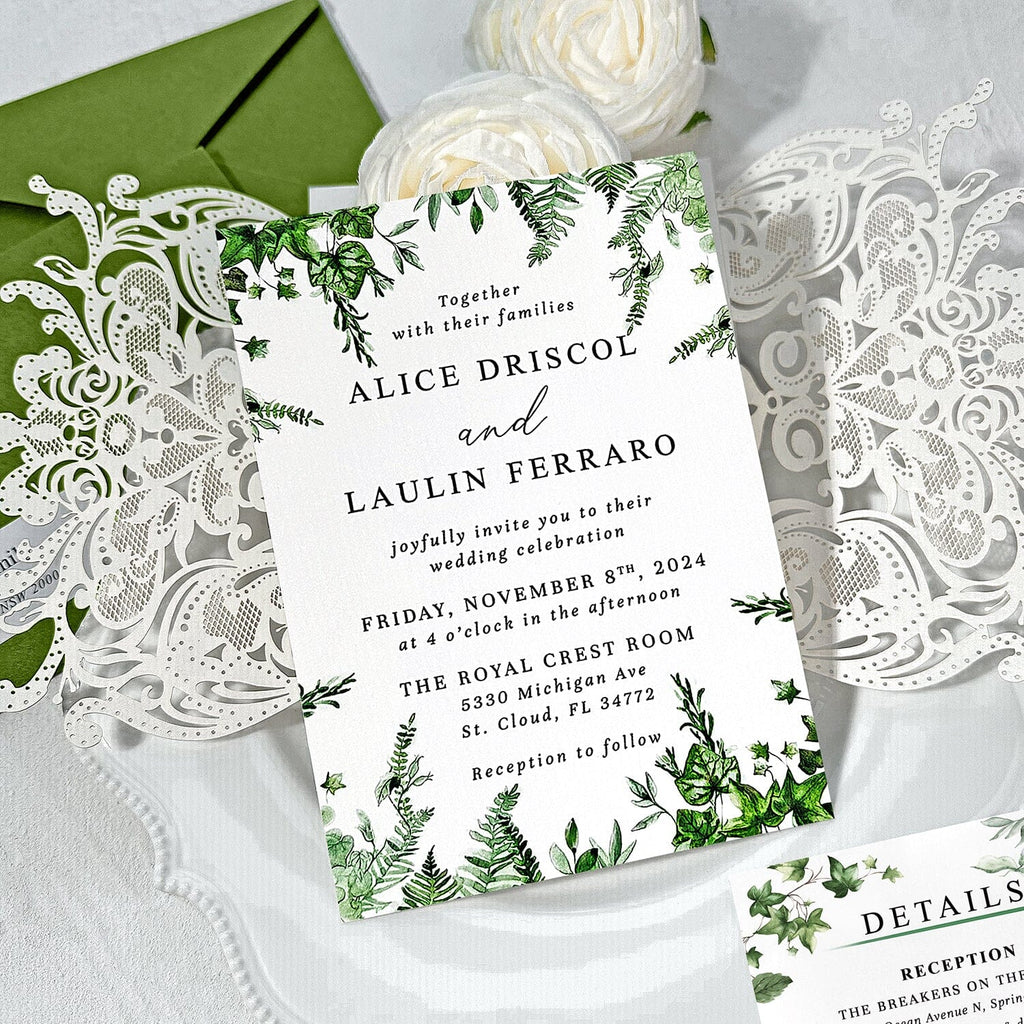 Sage Green and Lace Laser Cut Wedding Invitation Suite, Spring Botanical Frame Invites, Romantic Green Addressing Envelopes, QR Code RSVP Wedding Ceremony Supplies Picky Bride 