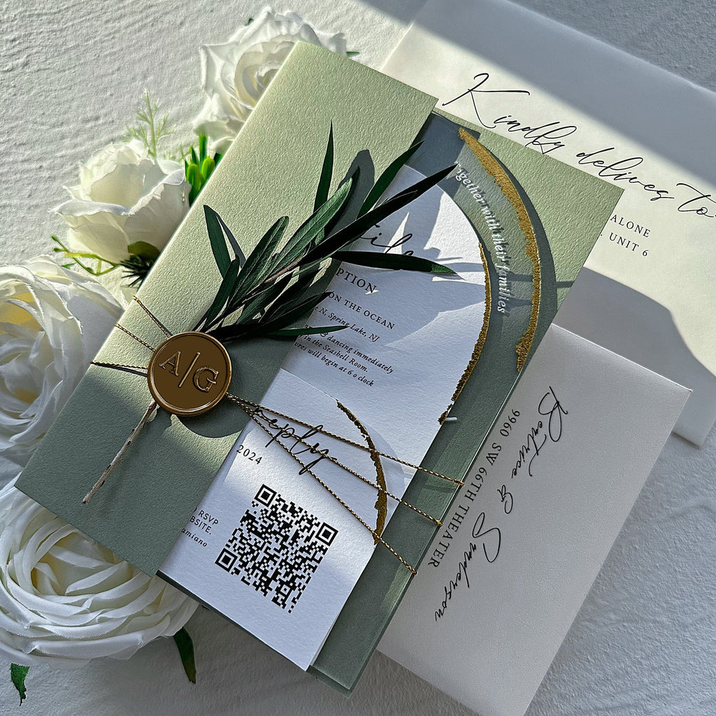 Sage Green Clear Arched Acrylic Wedding Invitations with Wax Seals, Botanical Multiple Choice Wedding Ceremony Supplies Picky Bride 