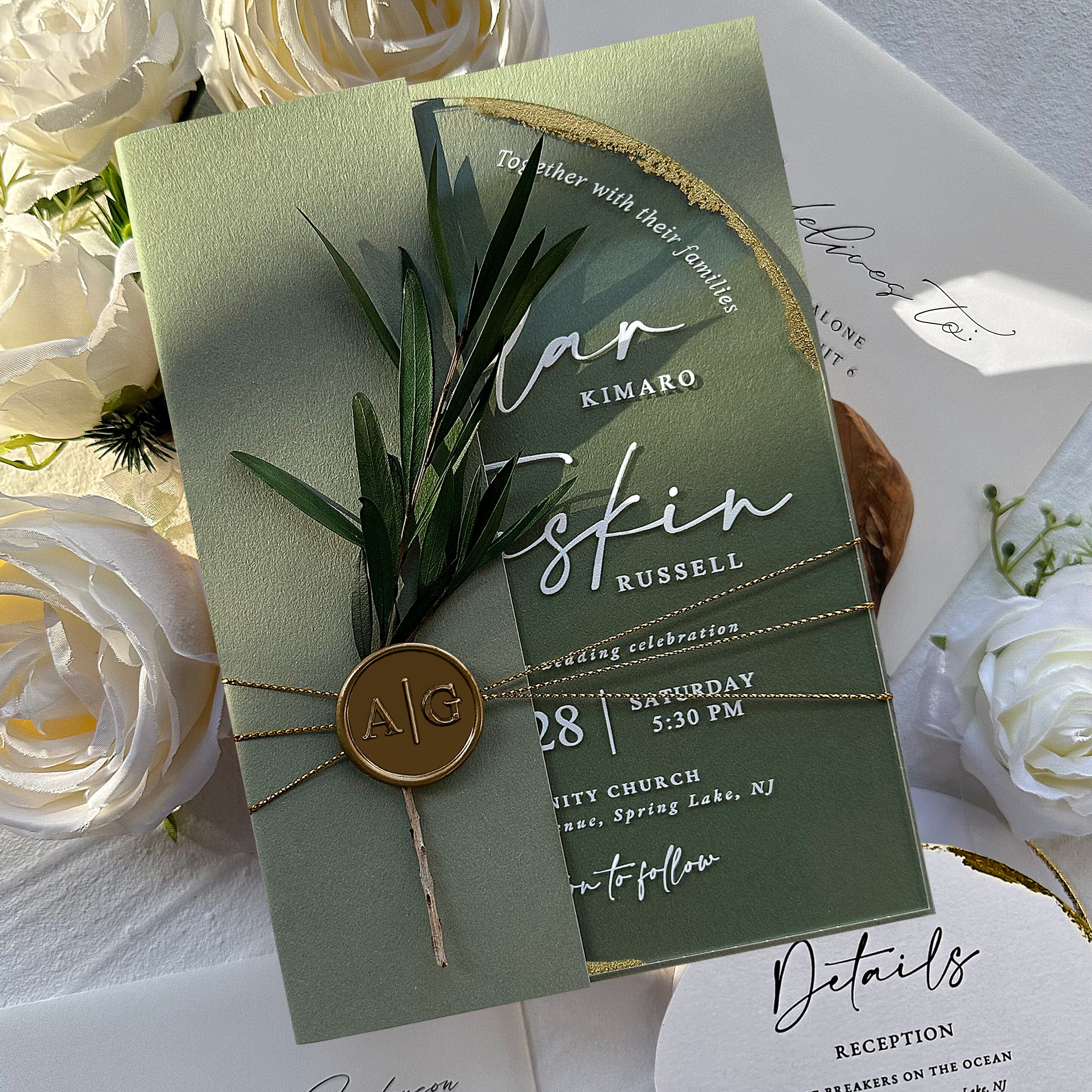 Sage Green Clear Arched Acrylic Wedding Invitations with Wax Seals, Bo