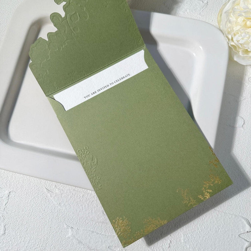 Sage Green Gravure Printing Wedding Invitation, Luxury Gold Foil Pockets, Cotton Paper Invites, QR Code RSVP, Matched Details Wedding Ceremony Supplies Picky Bride 