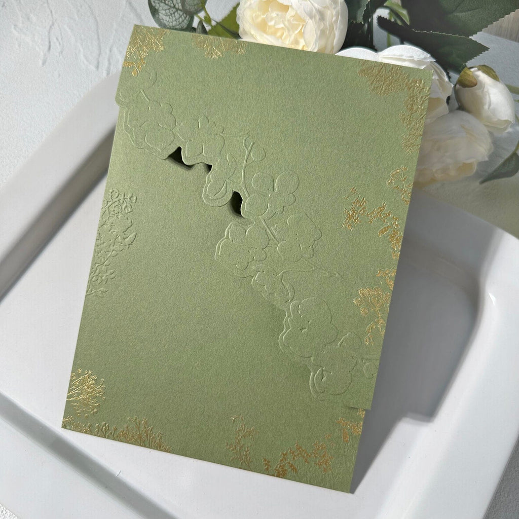 Sage Green Gravure Printing Wedding Invitation, Luxury Gold Foil Pockets, Cotton Paper Invites, QR Code RSVP, Matched Details Wedding Ceremony Supplies Picky Bride 