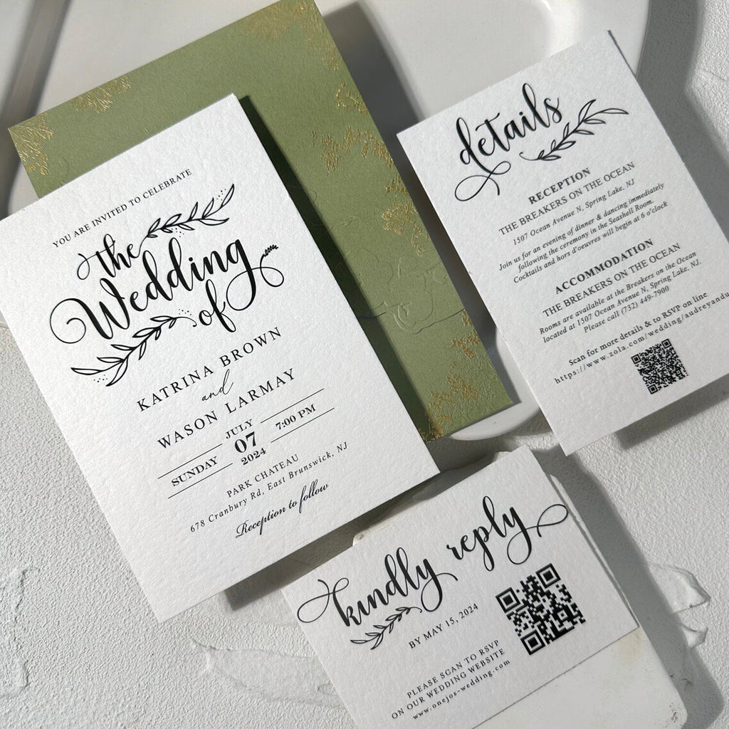 Sage Green Gravure Printing Wedding Invitation, Luxury Gold Foil Pockets, Cotton Paper Invites, QR Code RSVP, Matched Details Wedding Ceremony Supplies Picky Bride 