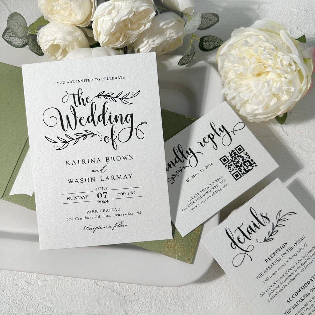 Sage Green Gravure Printing Wedding Invitation, Luxury Gold Foil Pockets, Cotton Paper Invites, QR Code RSVP, Matched Details Wedding Ceremony Supplies Picky Bride 