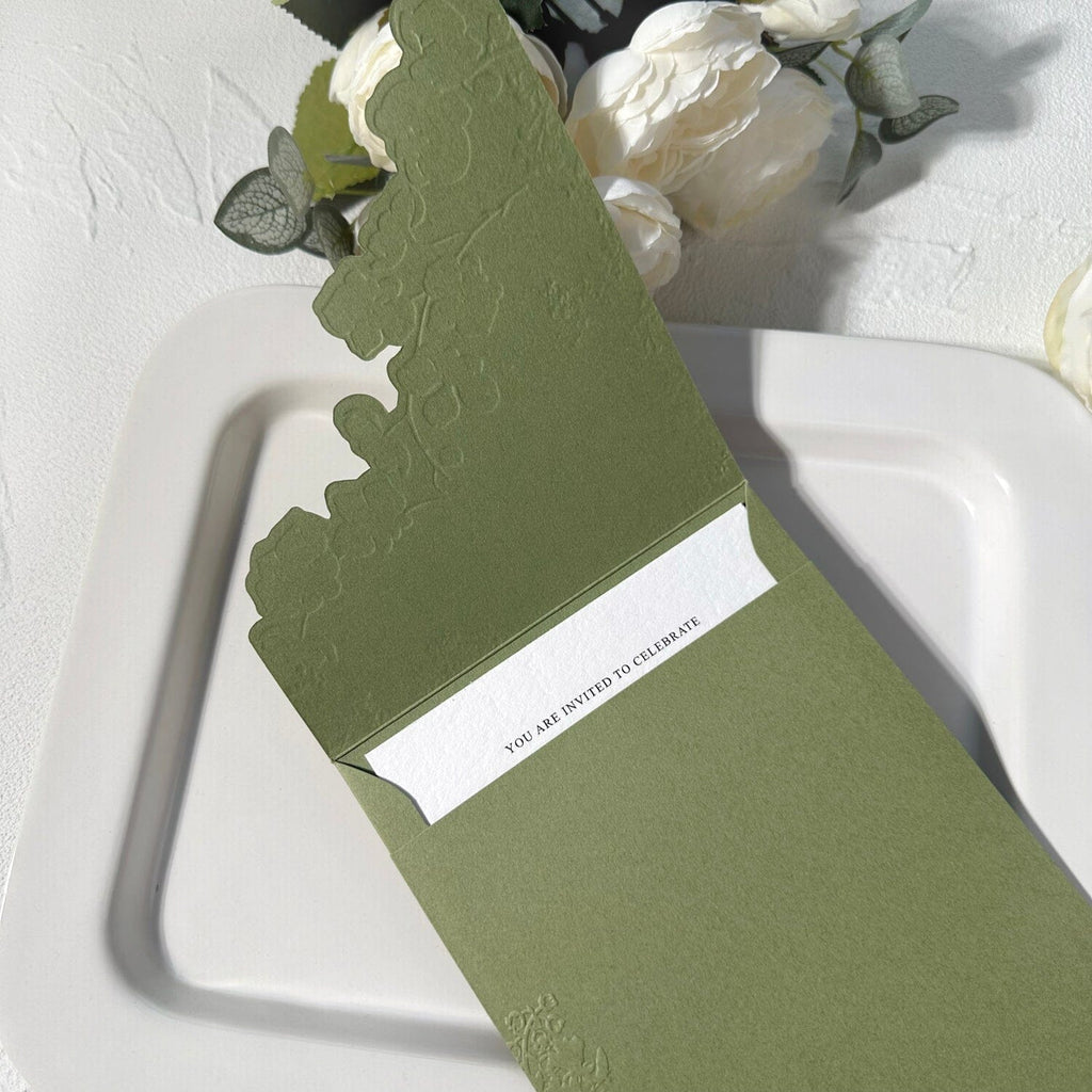 Sage Green Gravure Printing Wedding Invitation, Luxury Gold Foil Pockets, Cotton Paper Invites, QR Code RSVP, Matched Details Wedding Ceremony Supplies Picky Bride 