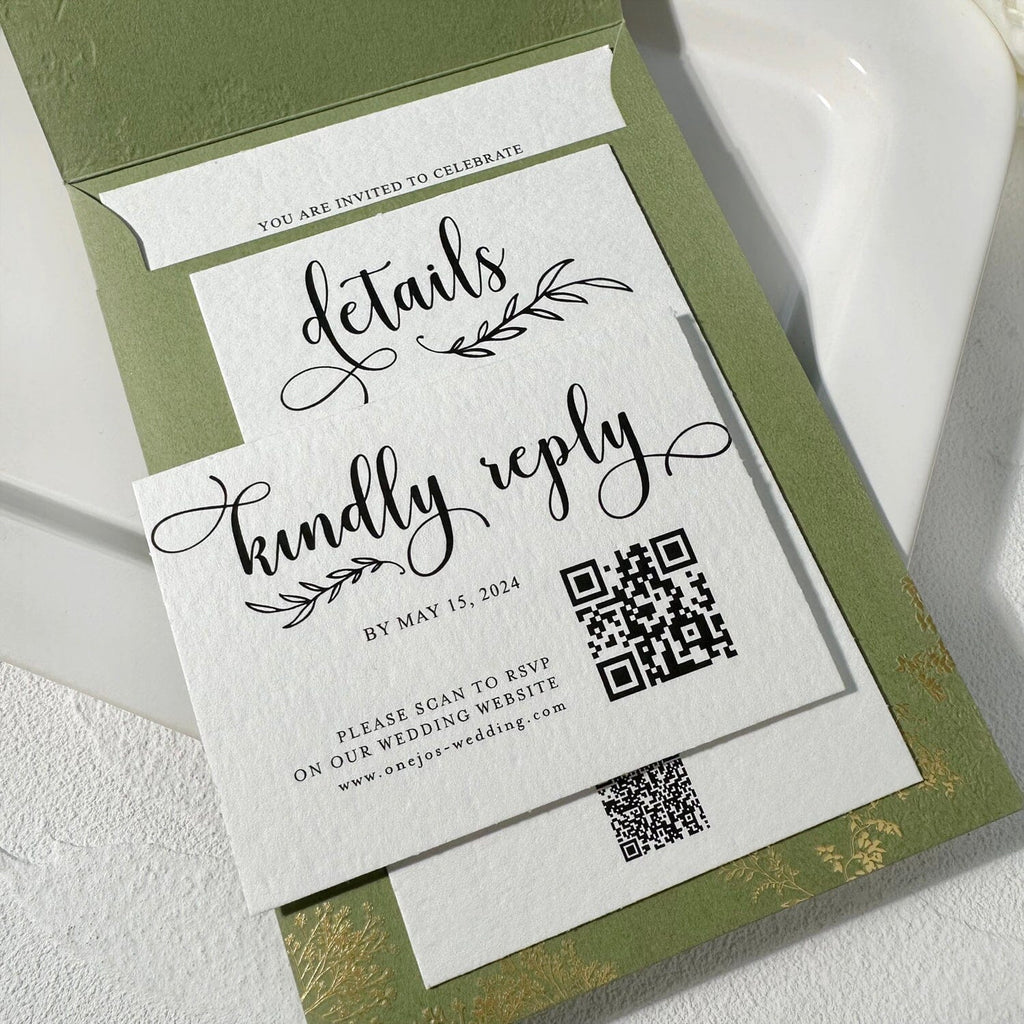 Sage Green Gravure Printing Wedding Invitation, Luxury Gold Foil Pockets, Cotton Paper Invites, QR Code RSVP, Matched Details Wedding Ceremony Supplies Picky Bride 