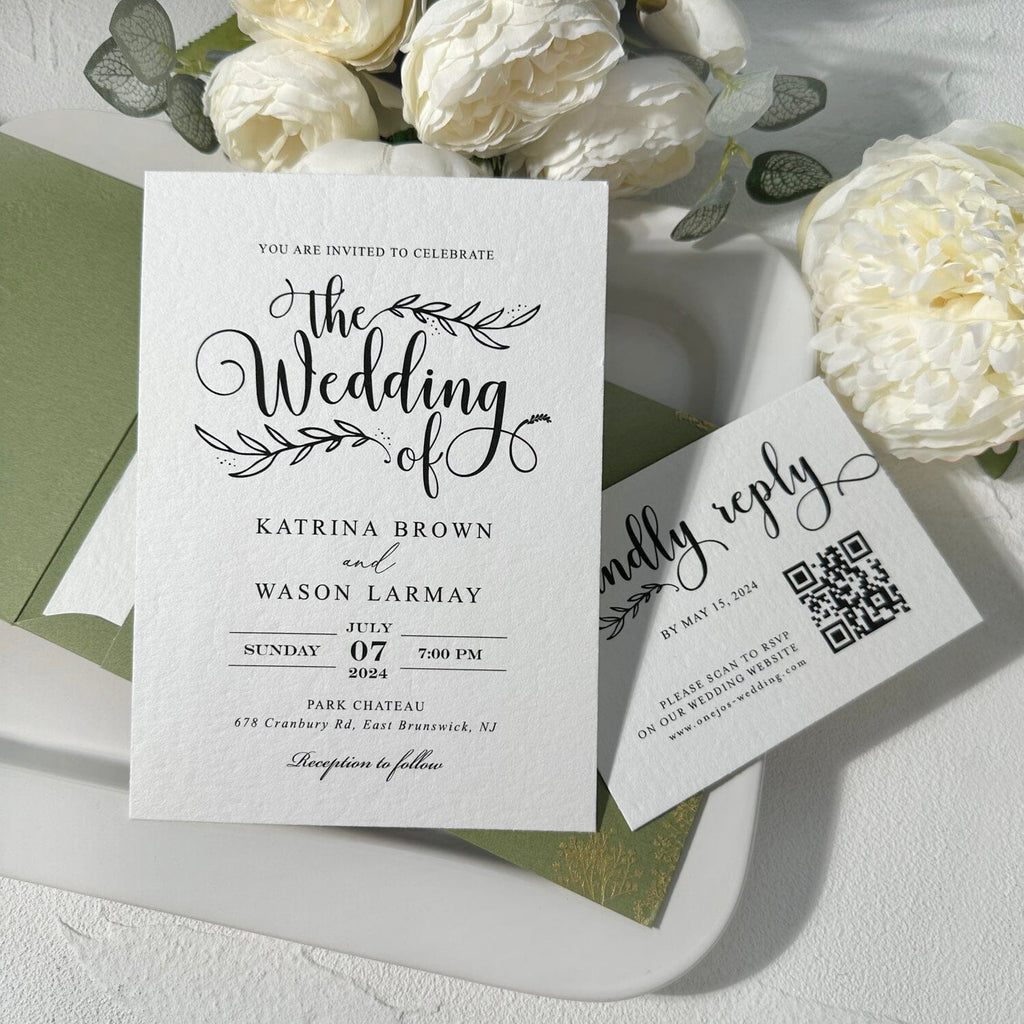 Sage Green Gravure Printing Wedding Invitation, Luxury Gold Foil Pockets, Cotton Paper Invites, QR Code RSVP, Matched Details Wedding Ceremony Supplies Picky Bride 