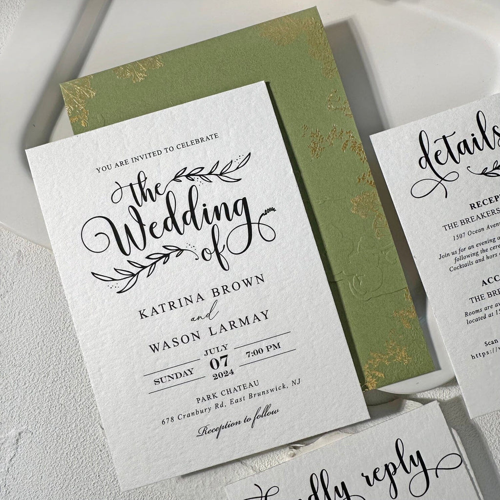 Sage Green Gravure Printing Wedding Invitation, Luxury Gold Foil Pockets, Cotton Paper Invites, QR Code RSVP, Matched Details Wedding Ceremony Supplies Picky Bride 