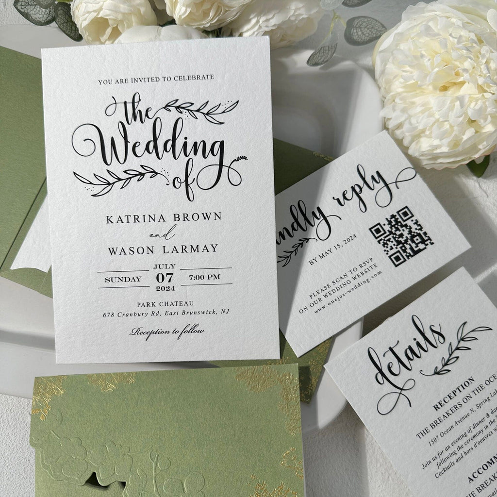 Sage Green Gravure Printing Wedding Invitation, Luxury Gold Foil Pockets, Cotton Paper Invites, QR Code RSVP, Matched Details Wedding Ceremony Supplies Picky Bride 
