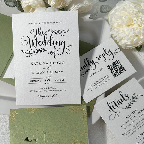 Sage Green Gravure Printing Wedding Invitation, Luxury Gold Foil Pockets, Cotton Paper Invites, QR Code RSVP, Matched Details Wedding Ceremony Supplies Picky Bride 