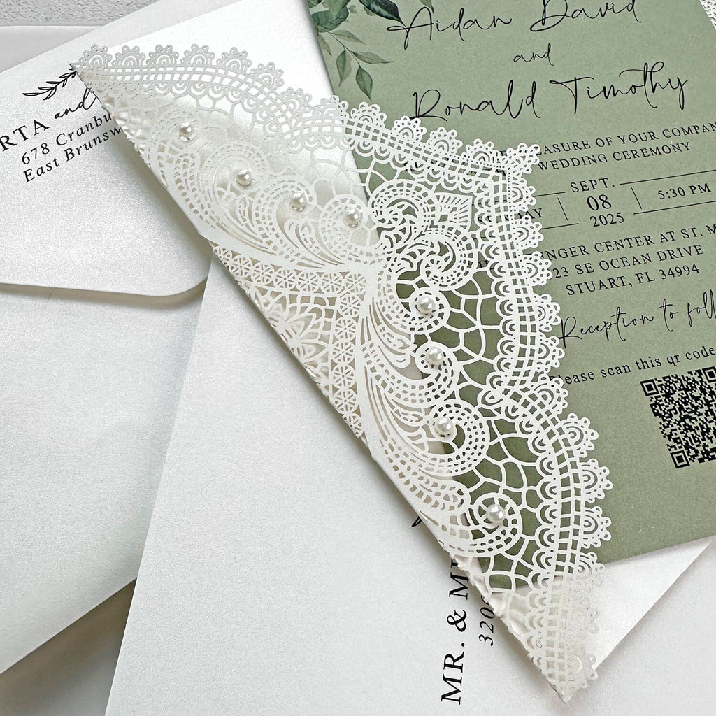 Sage Green Pearl Lace Wedding Invitation, Elegant Ivory Laser Cut Covers, Handmade Paper QR Code Invite Cards, Vellum Belly Bands Wedding Ceremony Supplies Picky Bride 