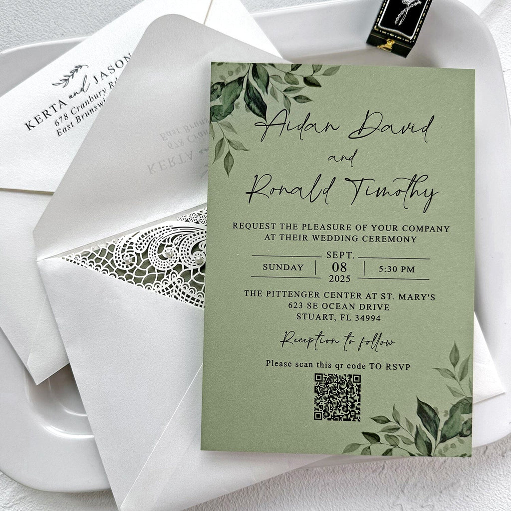 Sage Green Pearl Lace Wedding Invitation, Elegant Ivory Laser Cut Covers, Handmade Paper QR Code Invite Cards, Vellum Belly Bands Wedding Ceremony Supplies Picky Bride 