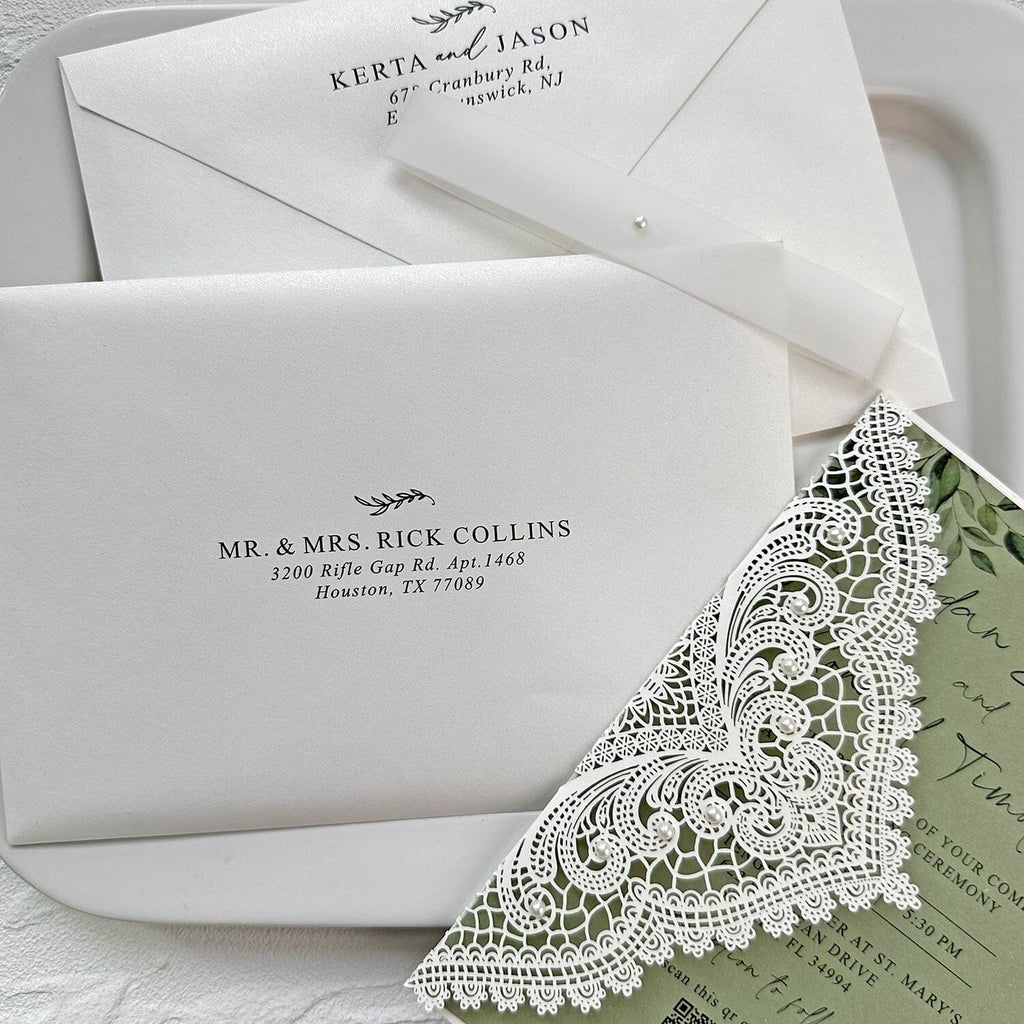 Sage Green Pearl Lace Wedding Invitation, Elegant Ivory Laser Cut Covers, Handmade Paper QR Code Invite Cards, Vellum Belly Bands Wedding Ceremony Supplies Picky Bride 