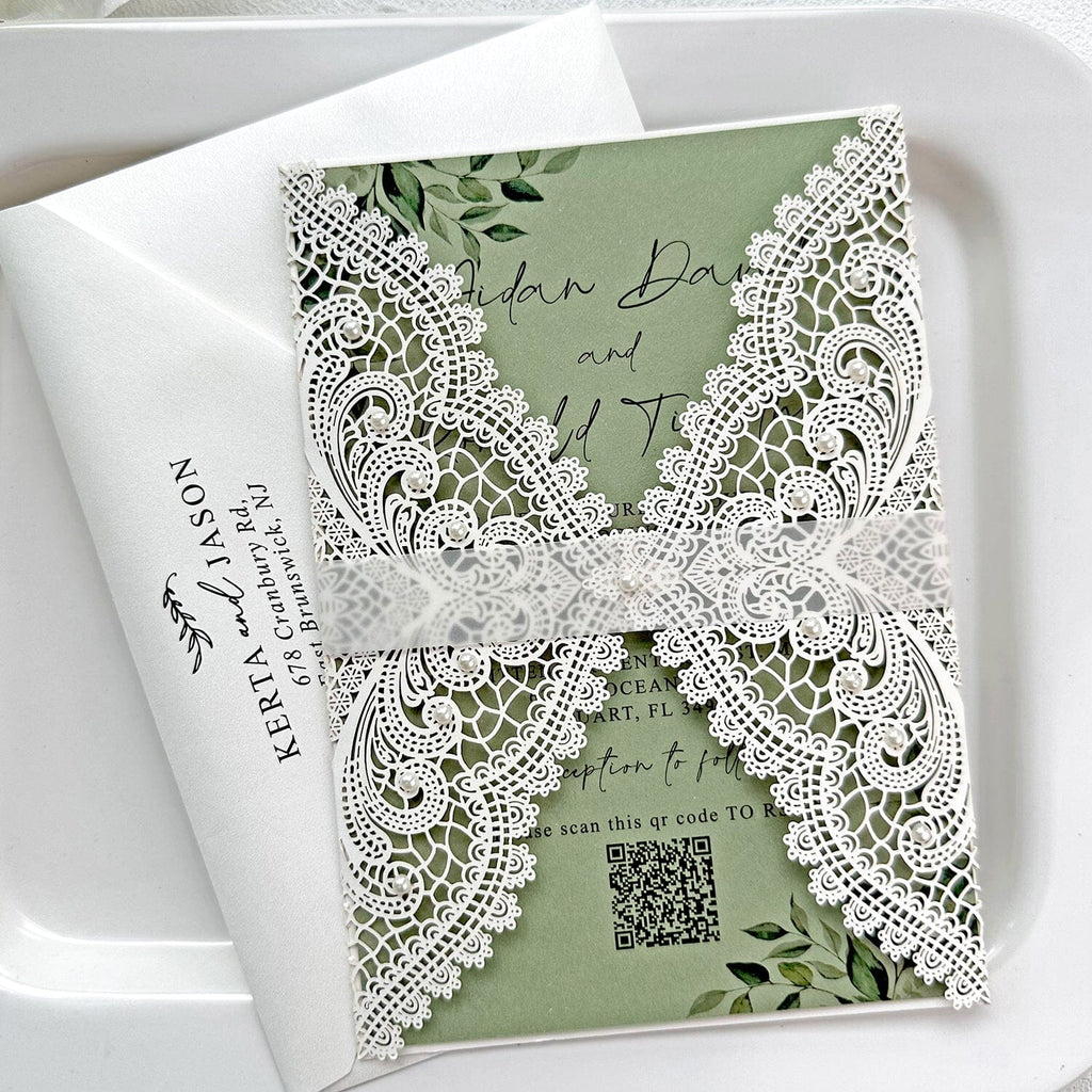 Sage Green Pearl Lace Wedding Invitation, Elegant Ivory Laser Cut Covers, Handmade Paper QR Code Invite Cards, Vellum Belly Bands Wedding Ceremony Supplies Picky Bride 