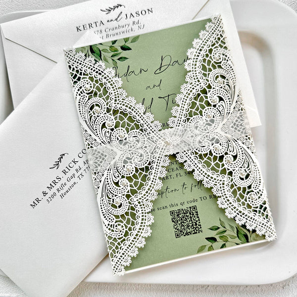 Sage Green Pearl Lace Wedding Invitation, Elegant Ivory Laser Cut Covers, Handmade Paper QR Code Invite Cards, Vellum Belly Bands Wedding Ceremony Supplies Picky Bride 