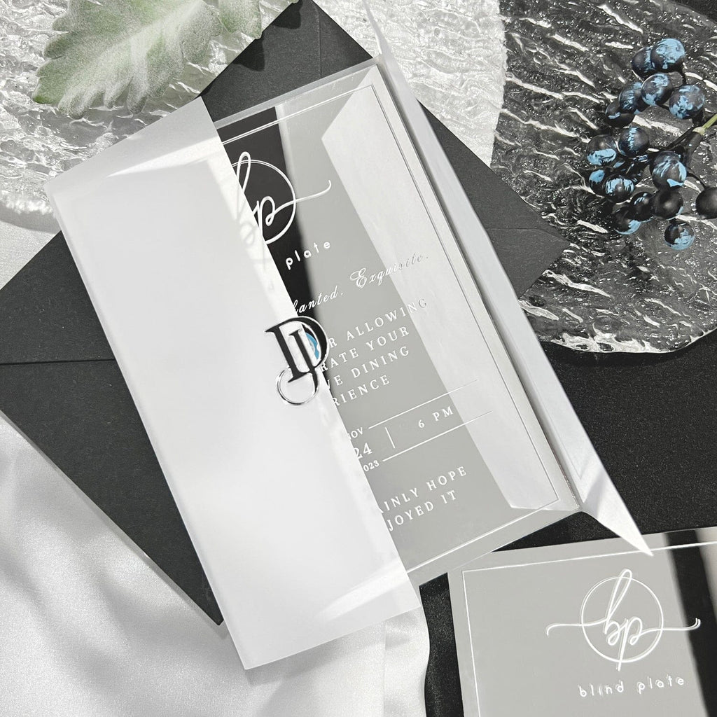 Silver Acrylic Mirror Invitation and 3D Wedding Logo, Vellum Wedding Invites, Elegant White Ink Invitations Picky Bride 