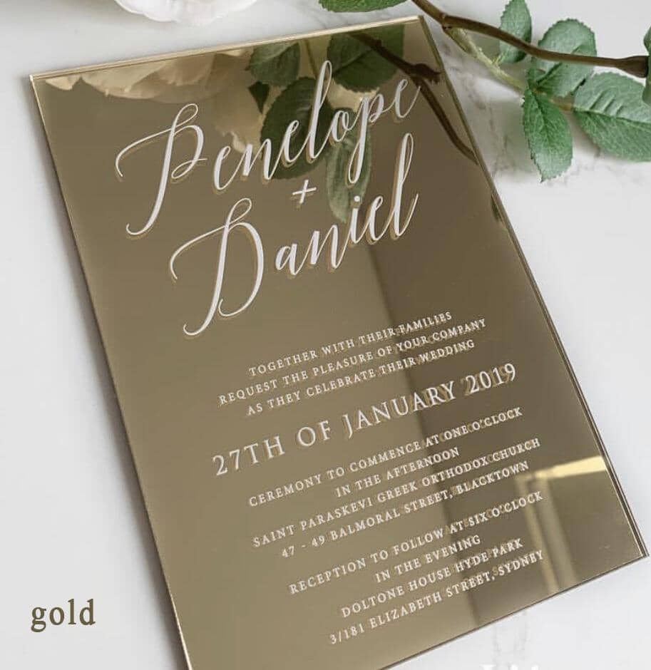 Silver Acrylic Mirror Invitation and 3D Wedding Logo, Vellum Wedding Invites, Elegant White Ink Invitations Picky Bride 