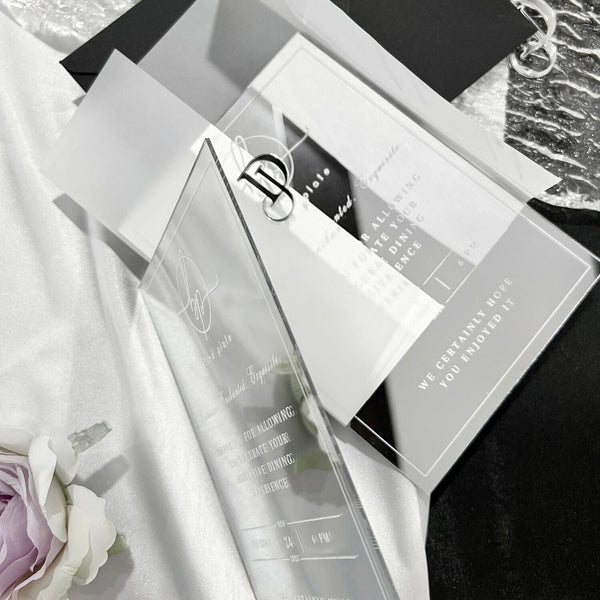 Silver Acrylic Mirror Invitation and 3D Wedding Logo, Vellum Wedding Invites, Elegant White Ink Invitations Picky Bride 