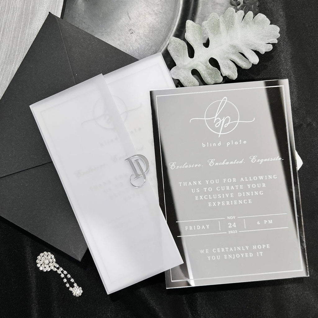 Silver Acrylic Mirror Invitation and 3D Wedding Logo, Vellum Wedding Invites, Elegant White Ink Invitations Picky Bride 