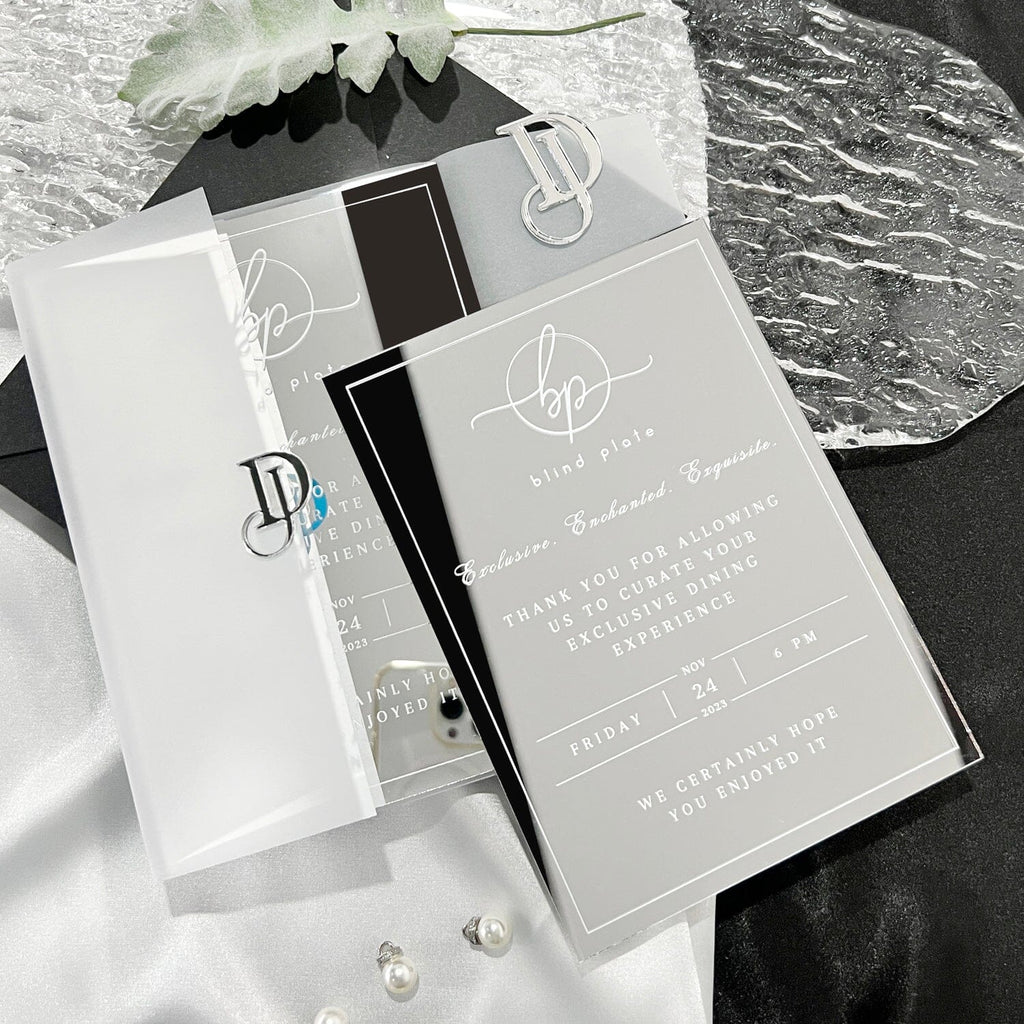 Silver Acrylic Mirror Invitation and 3D Wedding Logo, Vellum Wedding Invites, Elegant White Ink Invitations Picky Bride 