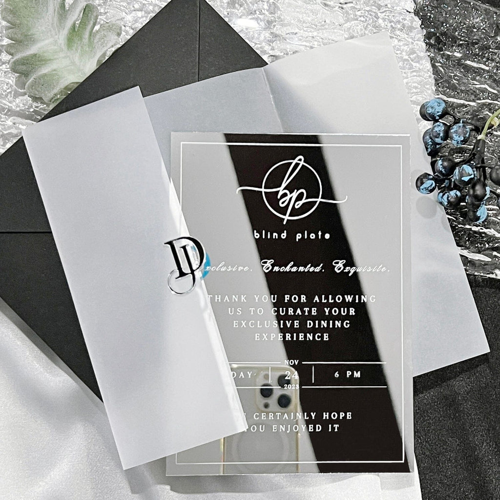 Silver Acrylic Mirror Invitation and 3D Wedding Logo, Vellum Wedding Invites, Elegant White Ink Invitations Picky Bride 