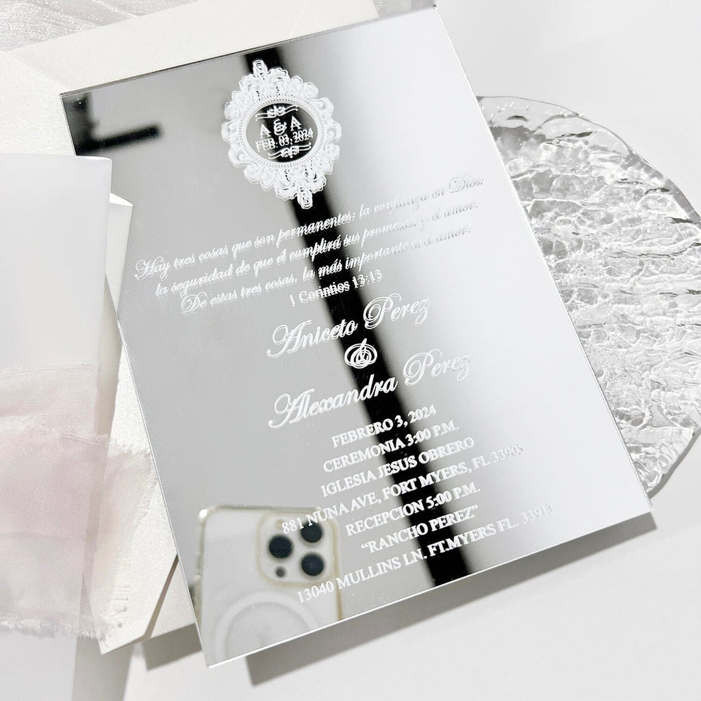 Silver Mirror Wedding Invitations Elegant, Grey Mirror Acrylic Invitations, Luxury Wedding Card with Pink Handmade Chiffon Ribbons Wedding Ceremony Supplies Picky Bride 