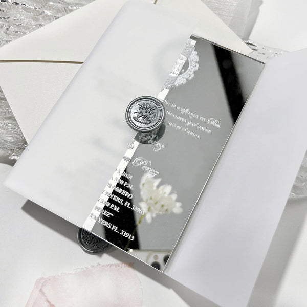 Silver Mirror Wedding Invitations Elegant, Grey Mirror Acrylic Invitations, Luxury Wedding Card with Pink Handmade Chiffon Ribbons Wedding Ceremony Supplies Picky Bride 