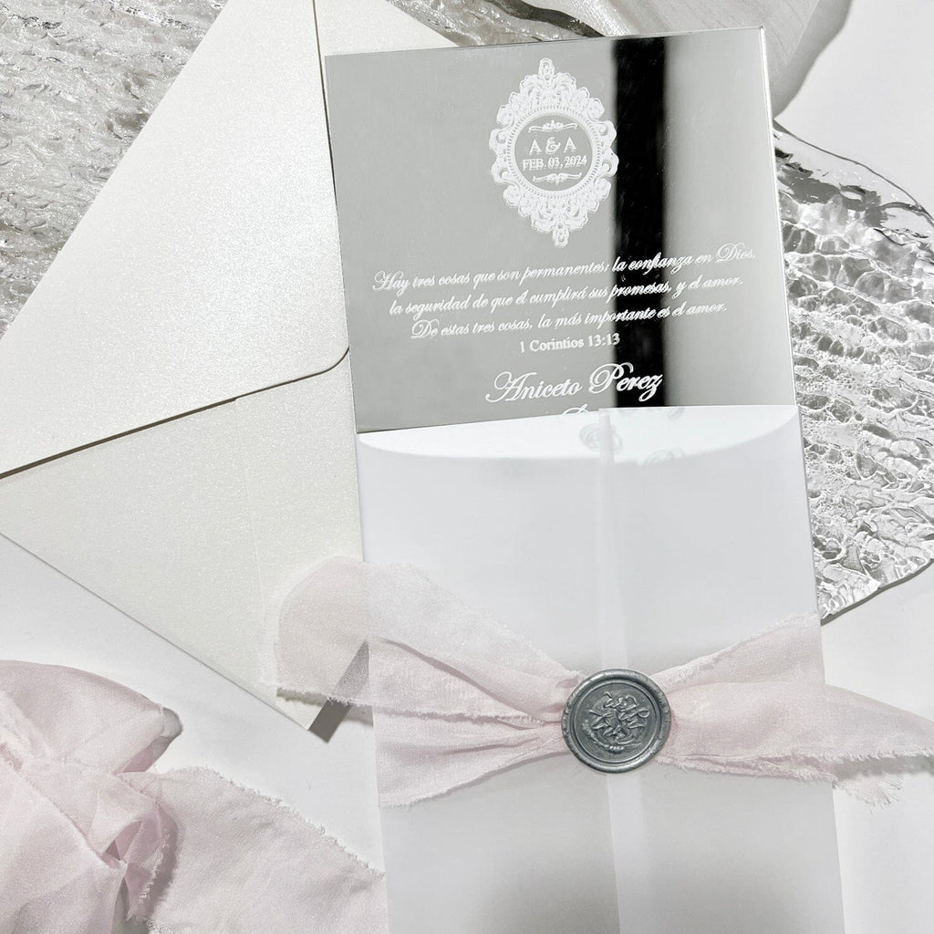 Silver Mirror Wedding Invitations Elegant, Grey Mirror Acrylic Invitations, Luxury Wedding Card with Pink Handmade Chiffon Ribbons Wedding Ceremony Supplies Picky Bride 