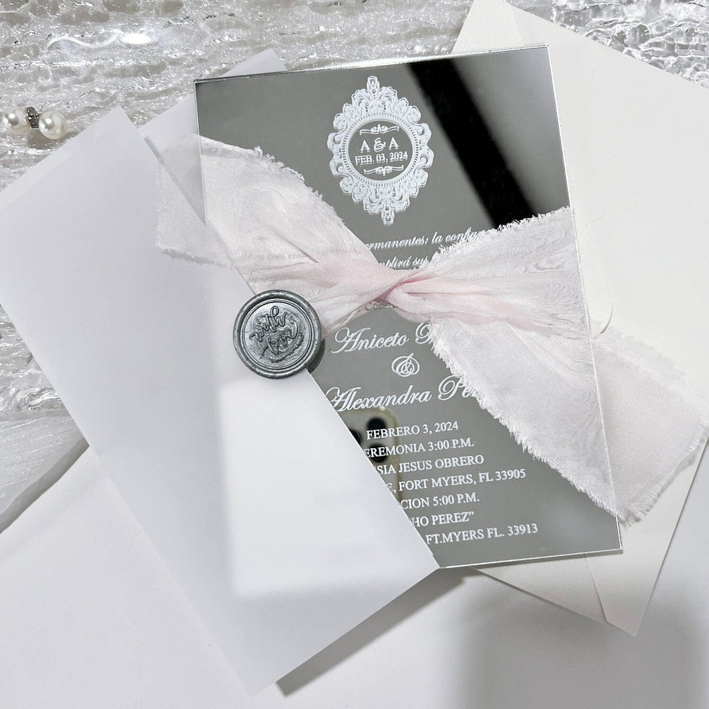 Silver Mirror Wedding Invitations Elegant, Grey Mirror Acrylic Invitations, Luxury Wedding Card with Pink Handmade Chiffon Ribbons Wedding Ceremony Supplies Picky Bride 